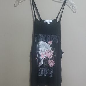 Rose Vine Black Graphic Tank Top with Pink Accents Size L